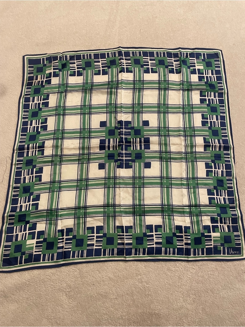 Vintage 1960s Vera Geometric Plaid Decorative Vintage Silk Scarf - Green & Navy